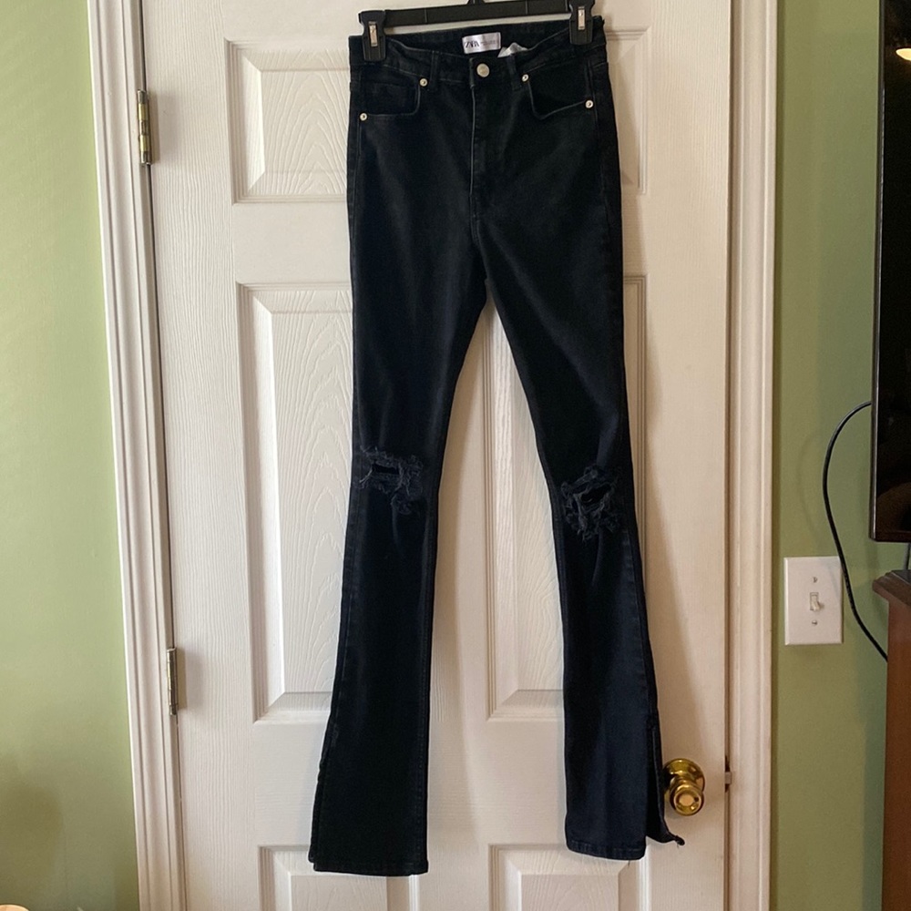 Zara Skinny Split Hem Distressed Jeans - Black